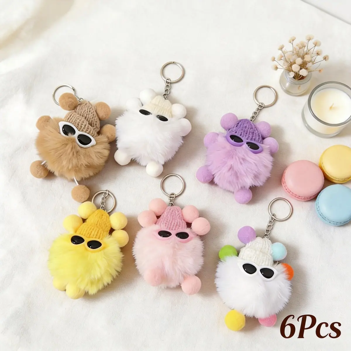 6pcs Funky Kawaii Aesthetic Plush Keychains Bulk - 3.94in Fluffy Pom Pom Balls with Tassels, Alloy Clips, Keyrings - Stuffed Toy Party Favors for Best Friends’ Birthday Goodie Bags (with Black-Framed Glasses Accents), 6Pcs Set