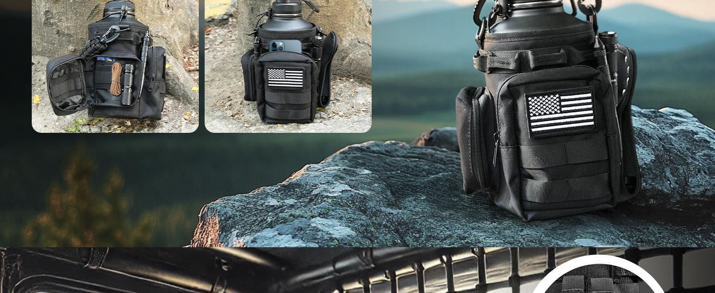 Tactical Half Gallon Water Bottle with Straw, 64 Oz Insulated Water Jug with Molle Water Bottle Holder, Stainless Steel Sport Bottle with 3 Lids for Gym Workout Hiking (Black)