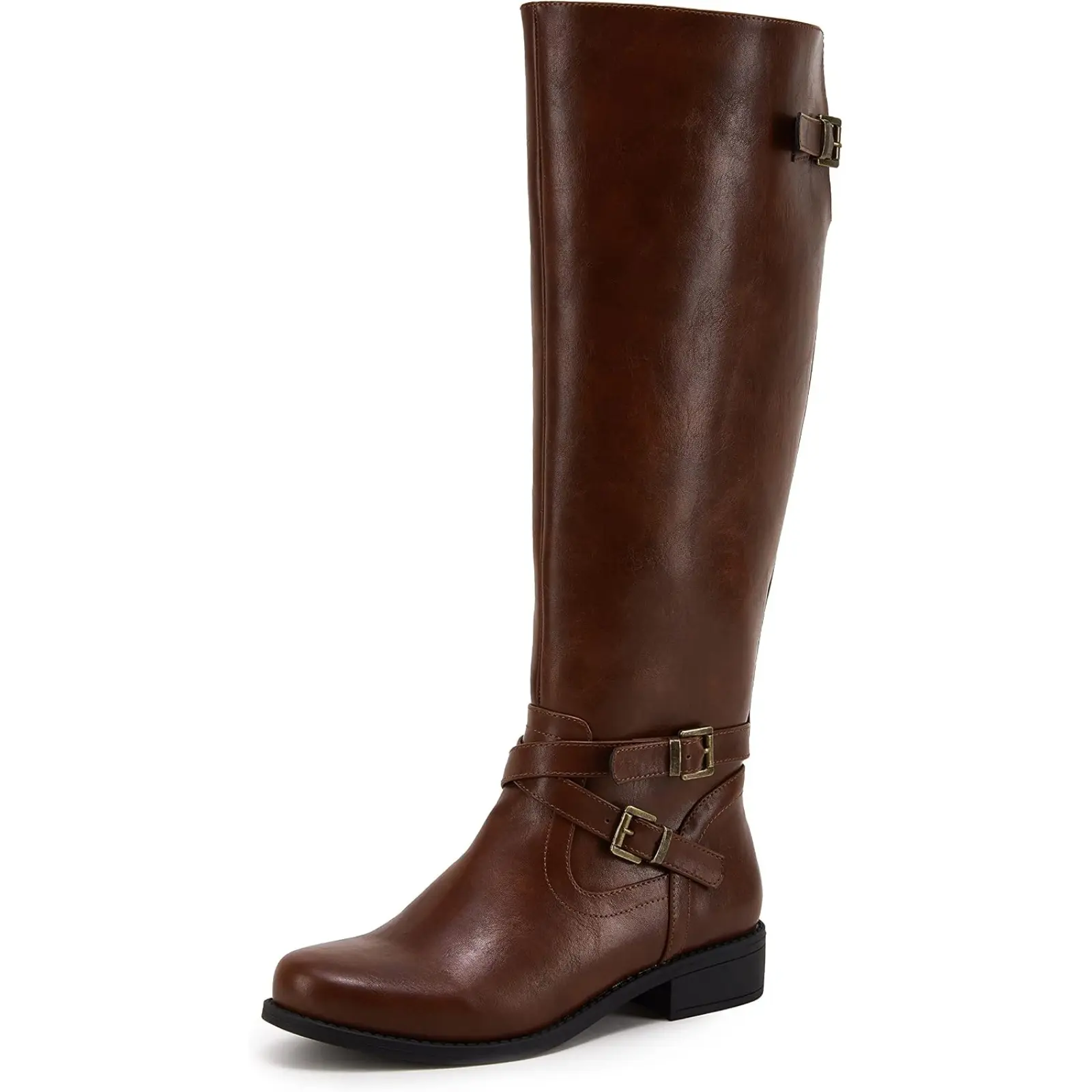 Coutgo Women's Knee-High Riding Boots, Plain Faux Leather with Wide Calf Fit, Flat Low Heel and Side Zipper, Women's Clothes, Round Toe, Basic