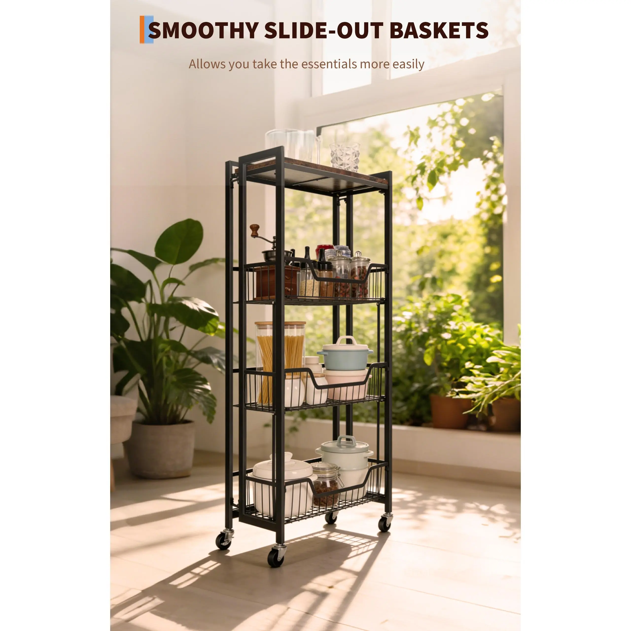 Garvee Large 4-Tier Folding Kitchen Storage Shelf Cart - Heavy Duty 100 lbs, Wooden & Metal, Removable Shelves, No Assembly - Mobile Organizer for Home, Office, Garage