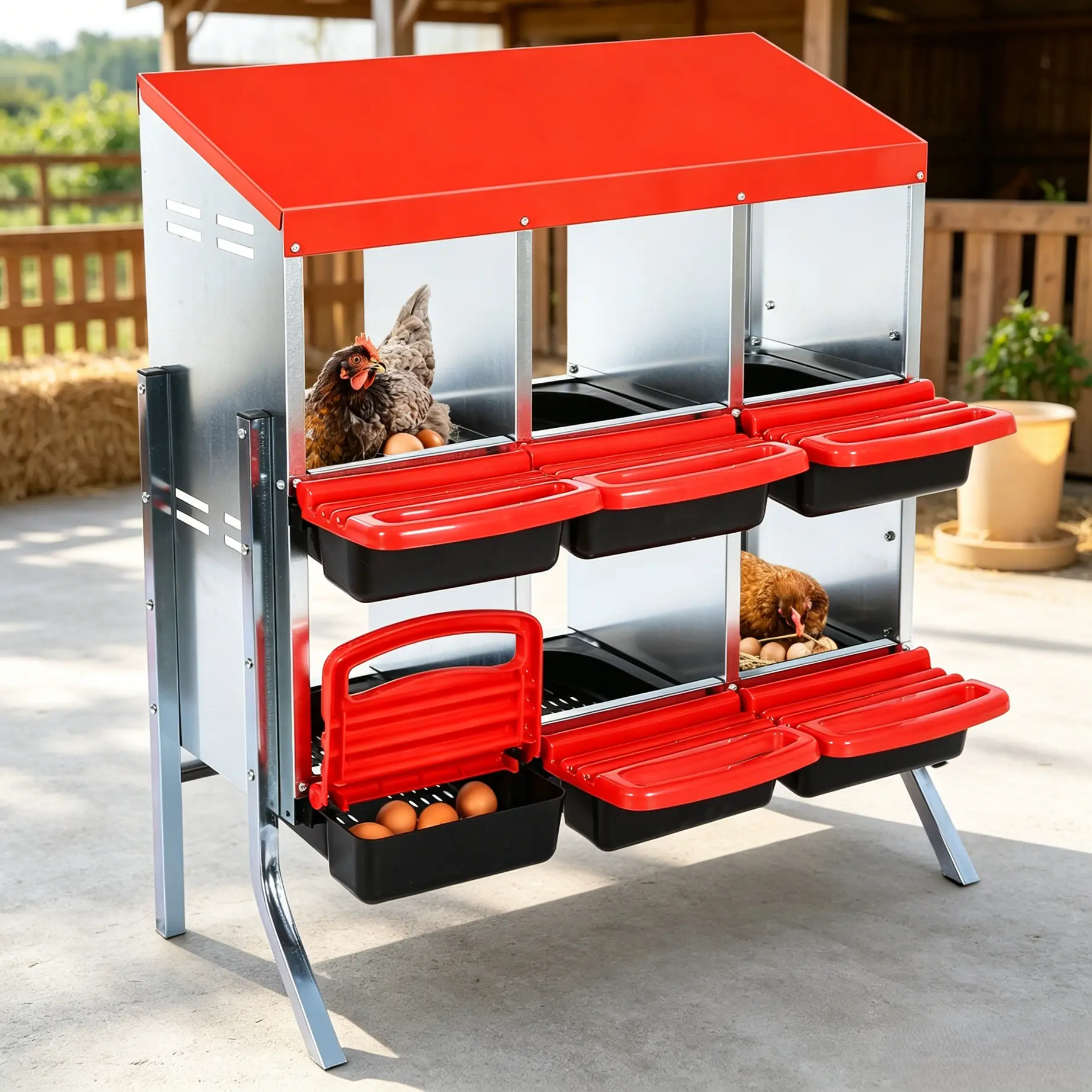 6 Compartment Roll-Out Chicken Nesting Box with Stand Legs, Heavy Duty Galvanized Steel Egg Laying Box for Poultry Coop, Removable Trays & Pitched Roof, Red