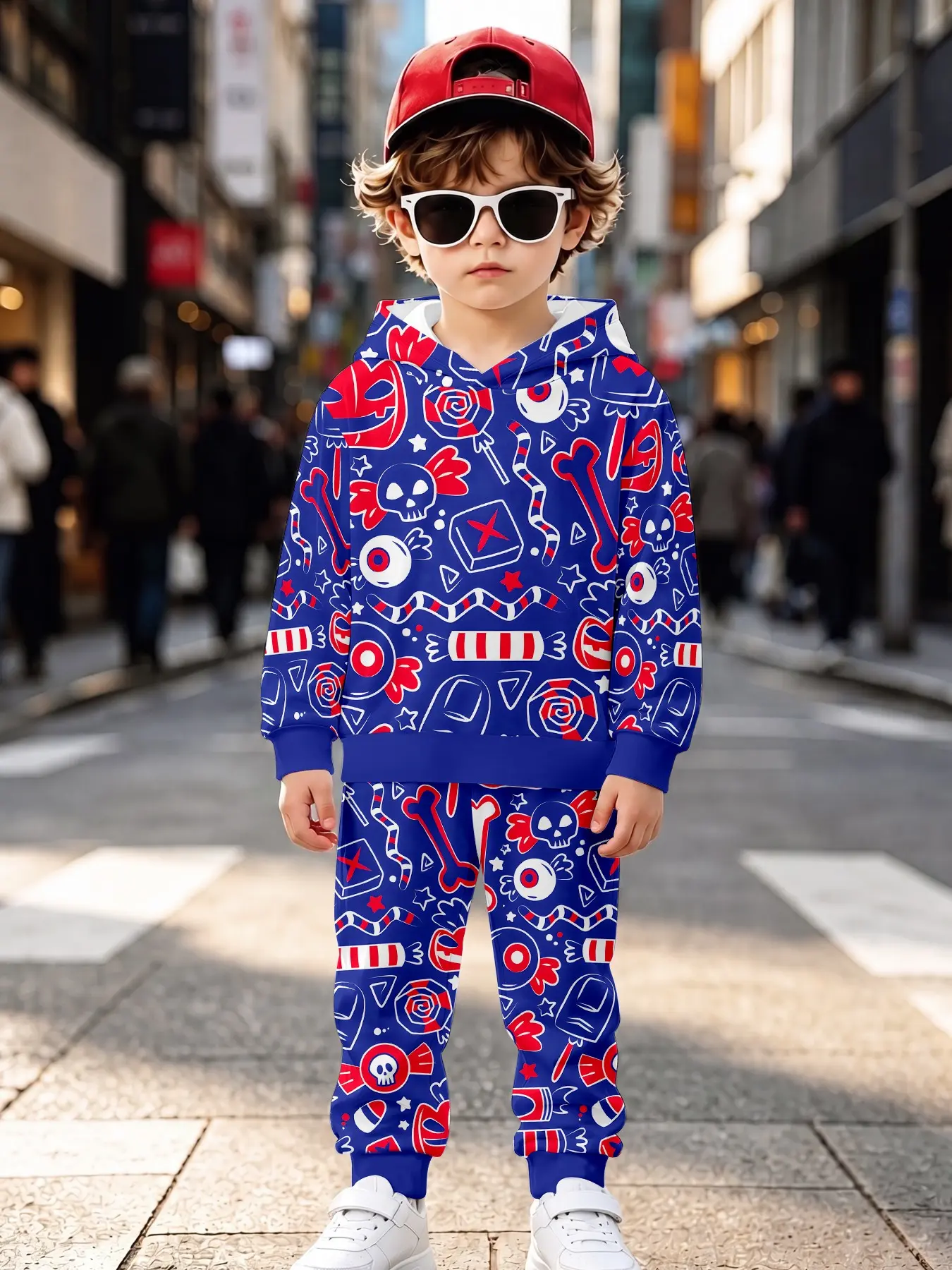 Skull Candy All over Print Unisex Kids Fashion Set, Long Sleeve Loose-Fit Sweapants, Casual Fall & Winter, Natural Waist Design