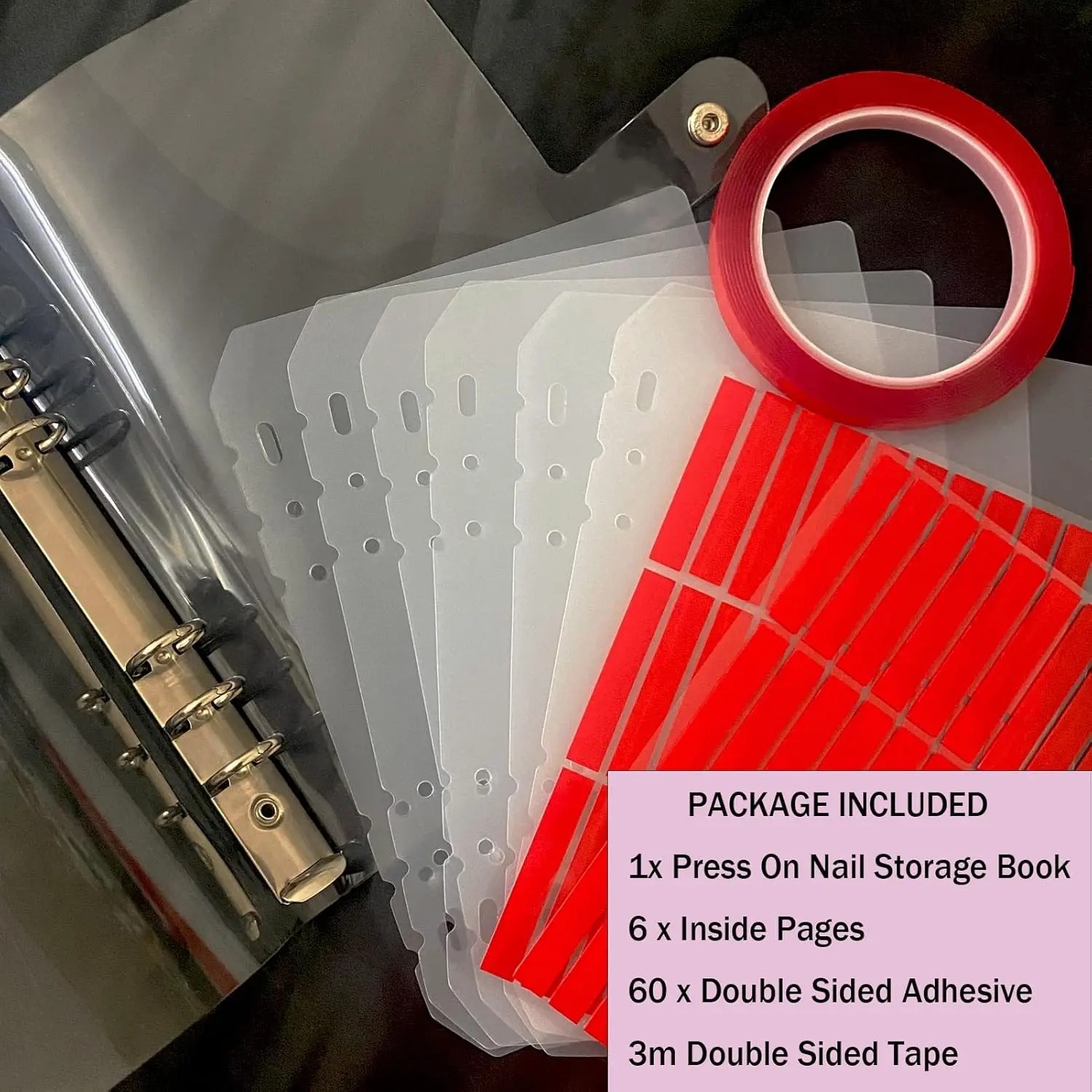 Press On Nail Storage Book Set Organized Storage Lightweight Durable with 6 Inner Pages 60 Double Sided Adhesive Strips 3M Tape Reusable False Nail Display Organizer Book