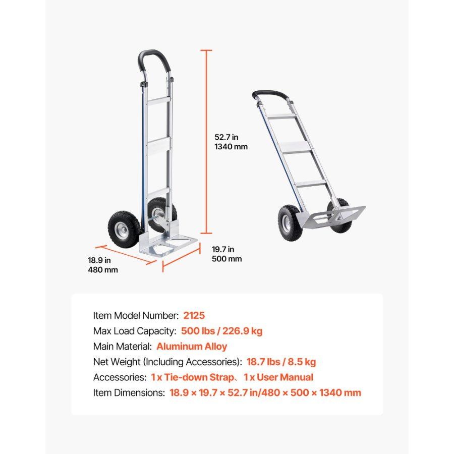 VEVOR Hand Truck, 500 lbs Load Capacity, Heavy-Duty Hand Truck Dolly with Non-Slip Wheels Handle, Aluminum Alloy Portable Trolley Dolly with Tie-down Strap for Moving Home, Office, Warehouse