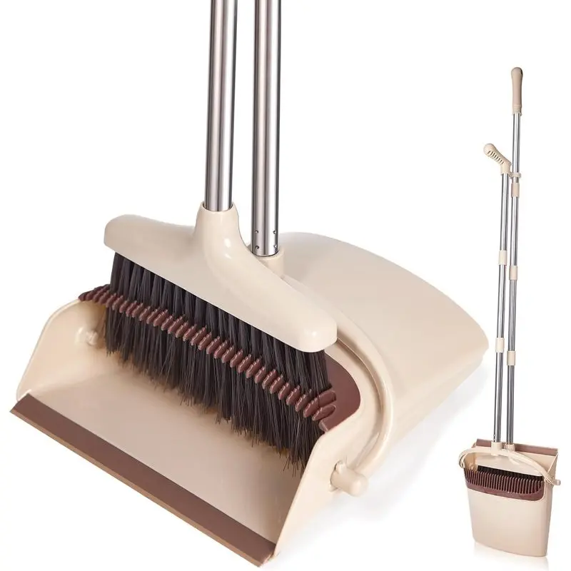 Broom and Dustpan Set with Long‑Handle Stainless Steel Poles, Upright Storage Sweeping Combo, Brown & Beige Cleaning Kit for Pet Hair, Home, Kitchen, Office & Apartment
