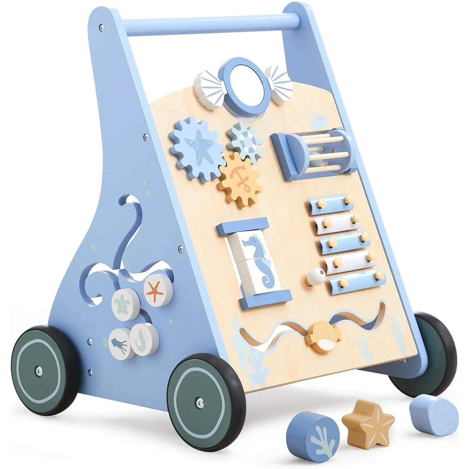 Wooden Baby Walker Push and Pull Learning Activity Walker with Wheels Walker Toy Multiple Activities Center Develops Motor Skills & Stimulates Creativity (Blue)