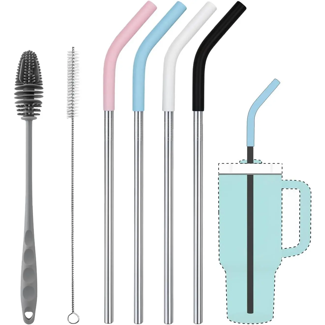 4 Pack 12" Long  Straws for 40oz  Tumblers |  Metal Straws for 40oz Tumbler,Stainless Steel Straws with  Tips,Straw Brush,Tumbler Brush