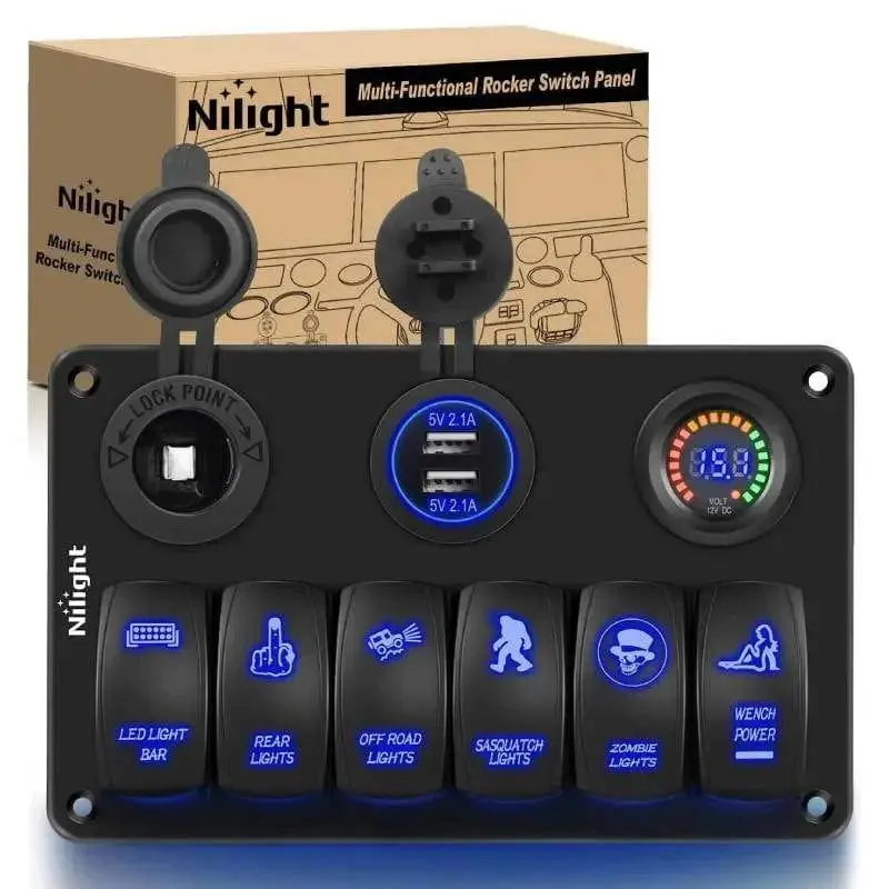 Nilight 6-Gang Aluminum Laser LED Illuminated Blue ON/OFF Rocker Switch Panel - Non-Wi-Fi Cord Switches with Dual USB Charging Station, Voltage Monitor, Screws, Lighter Compatibility, LED Lights