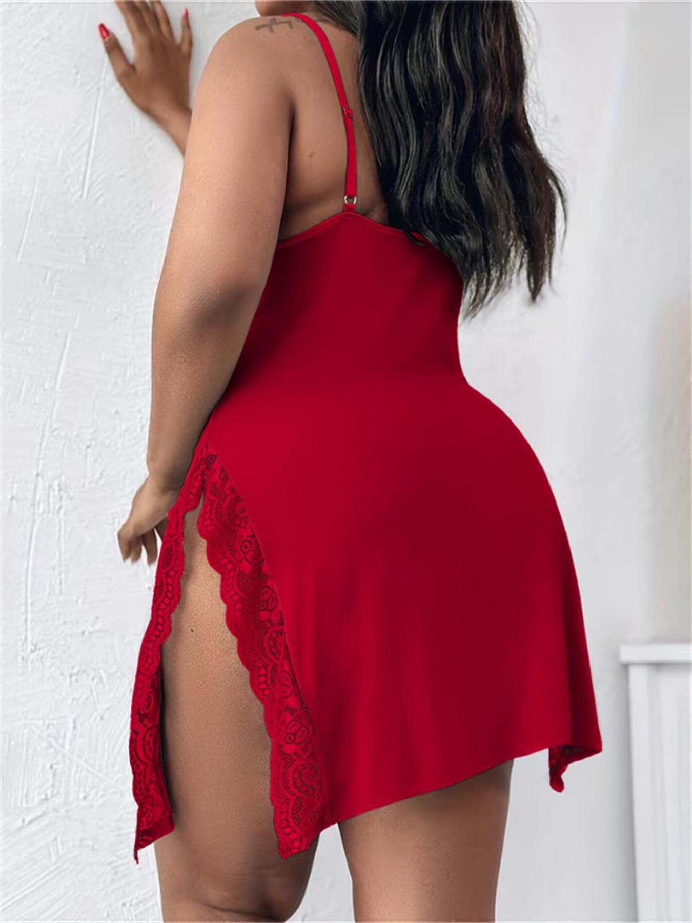 【Plus Size】 Contrast Lace Bow Front Split Thigh Cami Sleep Dress, Casual Adjustable Spaghetti Strap Lace Trim Nightgown Nightdress for Women, Women's for All Seasons