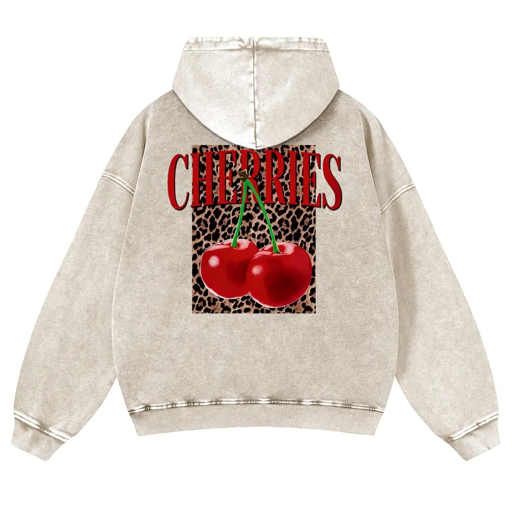 Unisex Sweet & Cool Leopard Print Retro Y2K Cherries Graphic Washed hoodie Personalized Pattern Y2k Clothing Round Neck Washed hoodie,Women's Clothing 100% Cotton, Menswear, Top, Vintage Style,Summer Casual Oversized