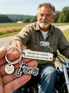 Spanish Motorcycle Keychain with I Love You Charm, Stainless Steel Keyring, Gift for Boyfriend Husband Dad, Father’s Day Birthday