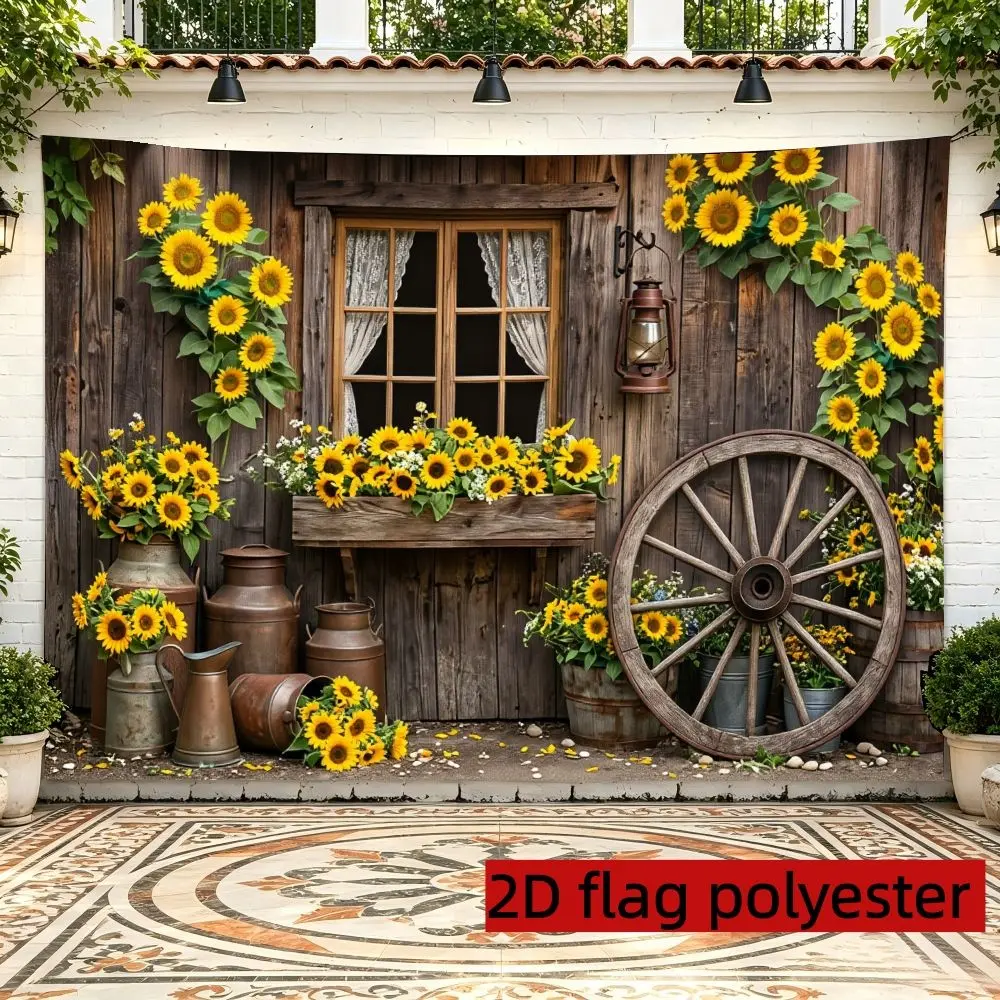 2D Flat banner 1pc Sunflower Wooden Cabin Themed Banner Vintage Metal Jug Wheel Elements Decor for Country Party Arrangement, American Countryside Style Decoration, Sunflower Themed Backdrop Polyester Indoor & Outdoor