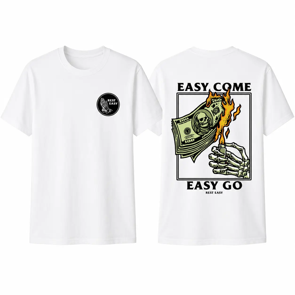 Rest Easy T-Shirt - Bold "Easy Come, Easy Go" Graphic Featuring Skeleton Hand and Burning Money Design, Unisex T-Shirts, Menswear Tops Tshirt Streetwear