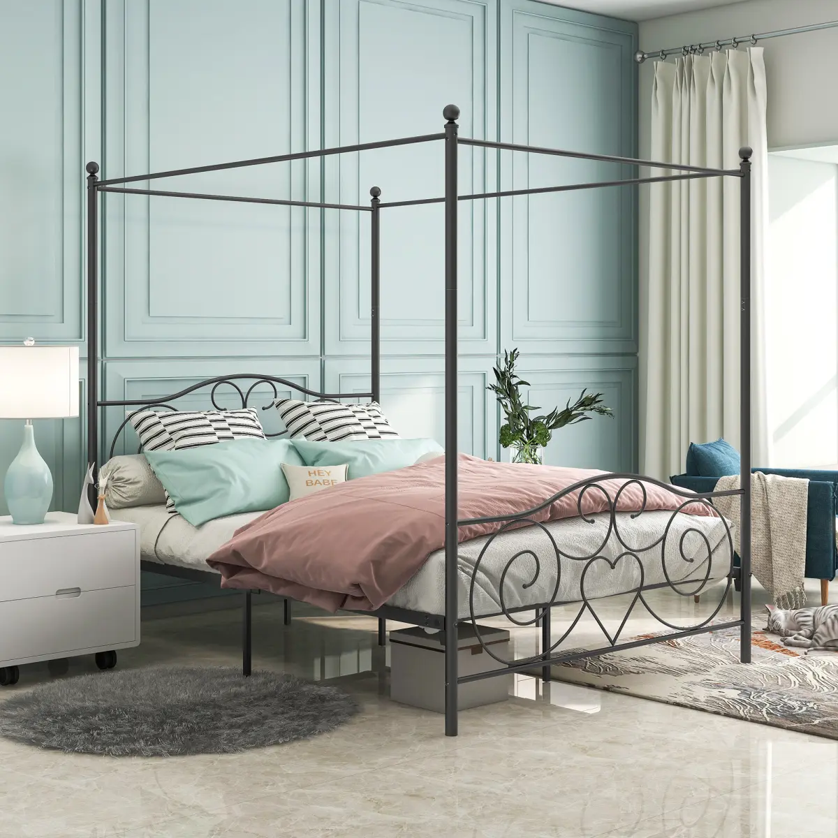 Vintage Style Black Metal Canopy Bed Frame with Headboard & Footboard - Queen Size, Solid Steel Construction, 450lb Weight Capacity, Easy DIY Assembly with All Parts Included