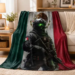 Tactical Soldier Flannel Blanket For Adults And Children, Military Skull Mask And Mexican Flag Print Soft Warm Lightweight Cozy Throw Blanket For Bedroom Sofa Living Room Office Bedding Decor Gift