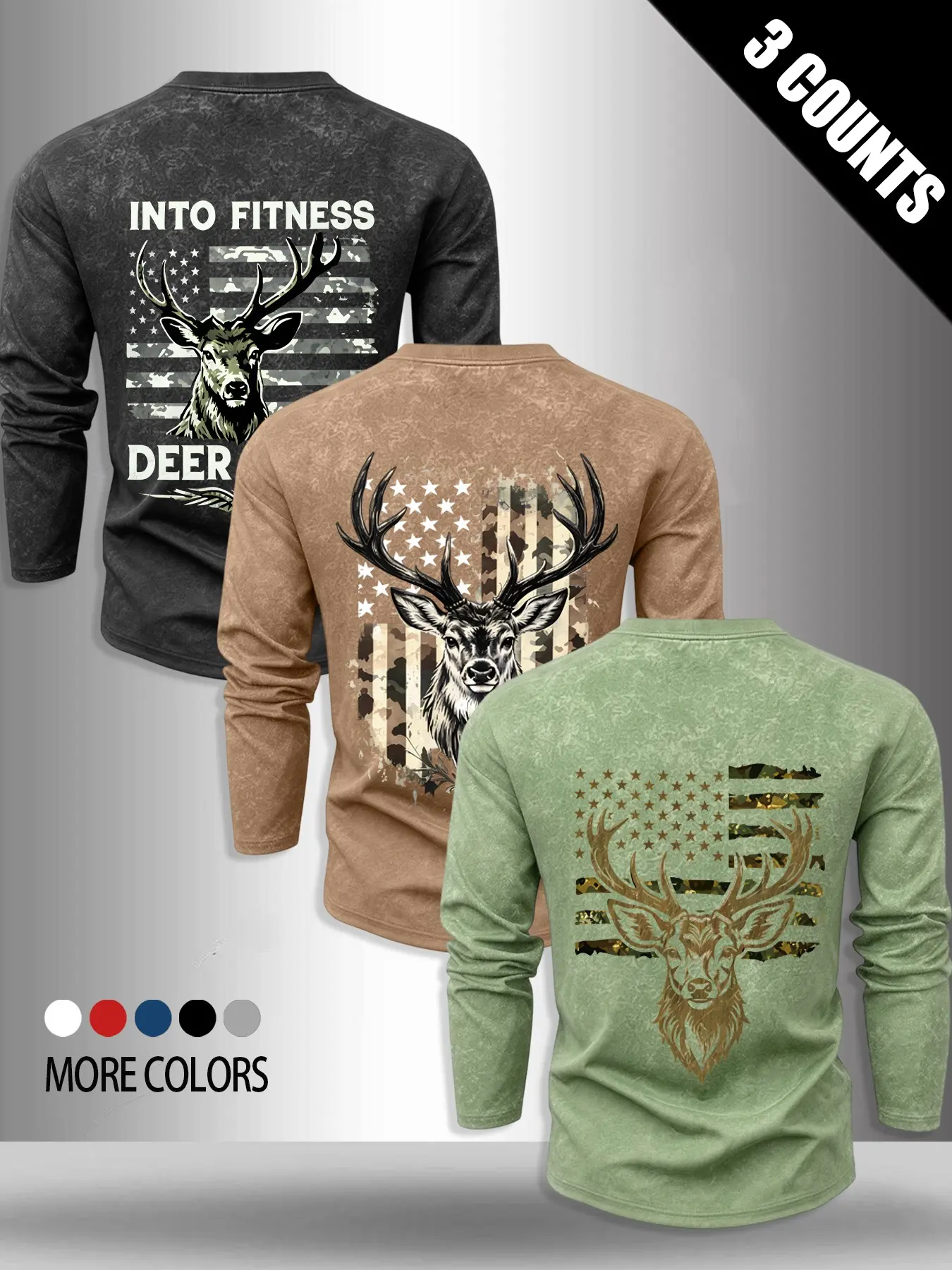 Three-Pack Men's Washed Vintage Long Sleeve T-Shirts, American Outdoor Hunting Style, Camo Deer Print, Perfect for Hiking and Fitness