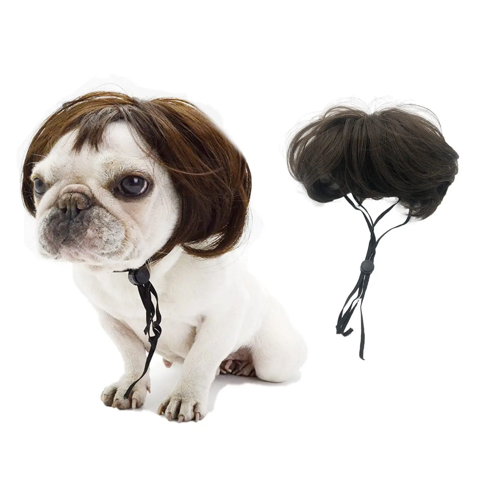 Clip-on Pet Wig with blunt bangs and bob hairstyle. Funny head accessories for cats and dogs, ideal for holiday parties and fun photo shoots.