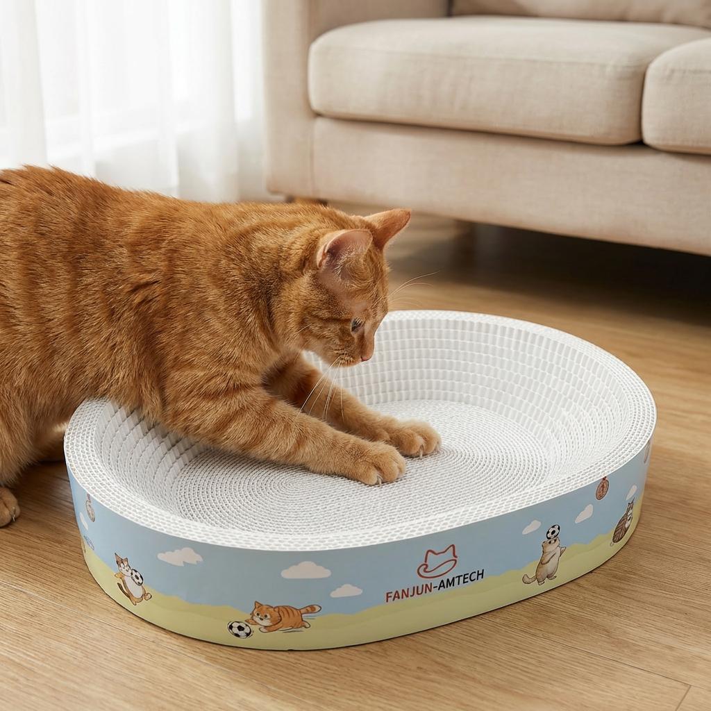 Cat toys do not shed paper scraps, oval cat scratching board provides ample space for play and sleep, anti slip pet cats provide advanced reinforced corrugated cardboard scratching board for playing with sleep and scratching anti-slip design