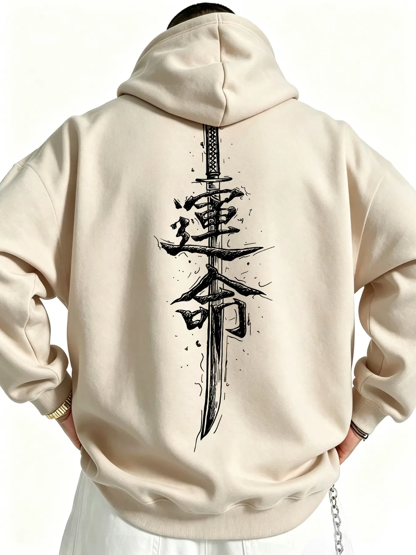 Men's Bestselling Hooded Sweatshirt, Oriental Samurai Sword Hanzi Calligraphy Back Print, Retro Asian Aesthetic Harajuku Street Style