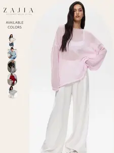 Women's Oversized Sheer Knit Sweater, Lightweight Long Sleeve Crewneck, Loose Fit Pullover Top, Comfortable and Stylish Fashion