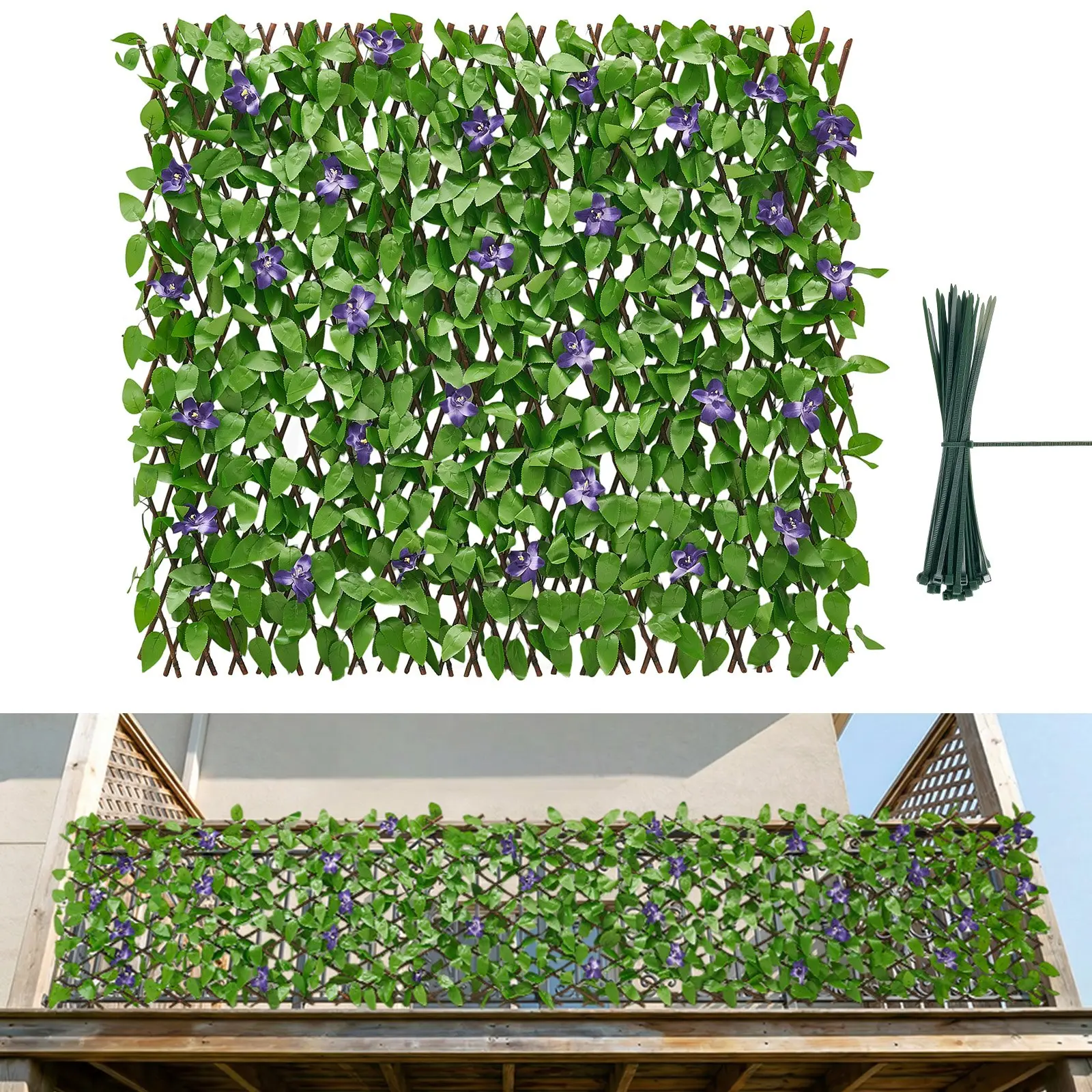 VEVOR Expandable Ivy Fence Privacy Screen, 25.5x122in Rectangular Artificial Plant Wall Panel, Realistic Faux Greenery Hedges with Wood Lattice Base, 50 Zip Ties, Fabric & Wood 2-Piece Set for Balcony Patio Outdoor
