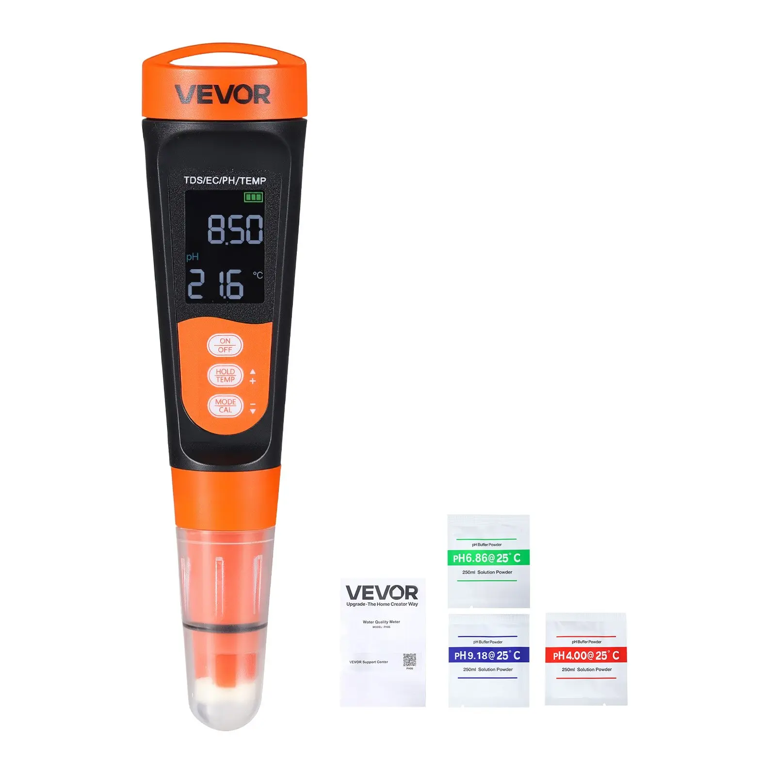 VEVOR pH Meter Water Test Kit, Accurate pH-EC (Conductivity)-TDS (ppm) Multi-Parameter Tester, IP68 Waterproof Probe, Pocket Design, VA Display, with Calibration Powder Packets for Water Quality Testing, Pocket Tester, Cal Powder Pack