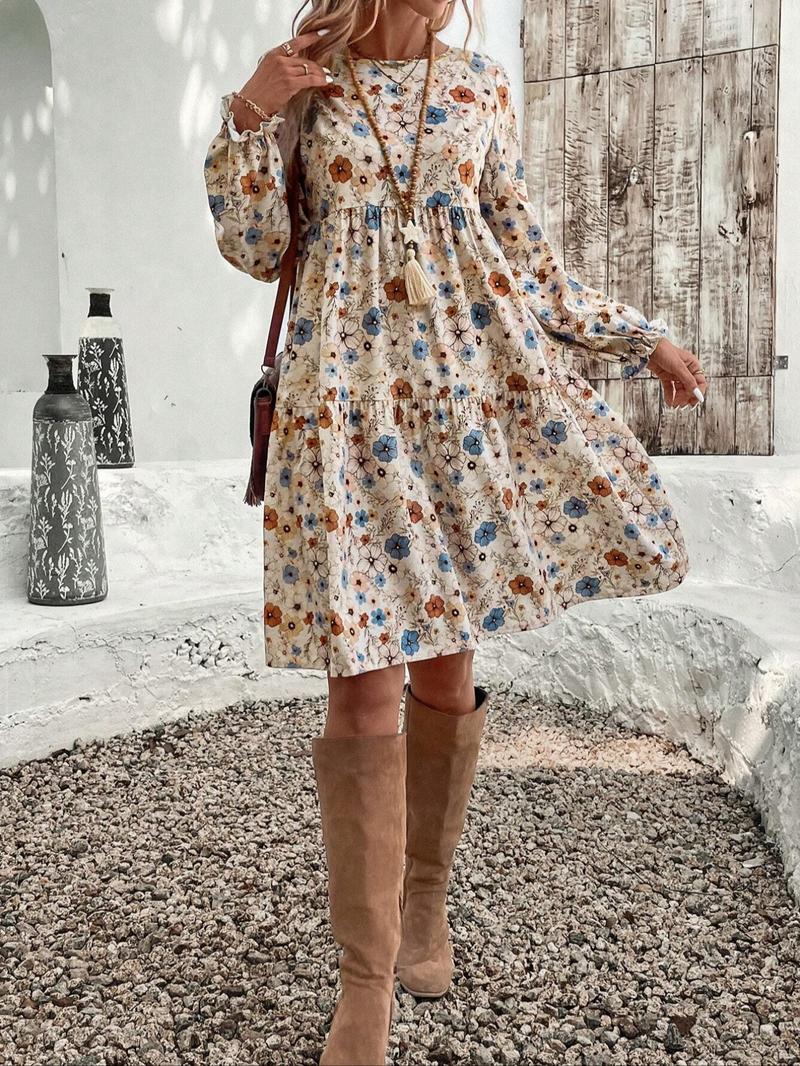 Women's Floral Print Tie Neck Flounce Sleeve Dress, Elegant Fashion Casual Dress for Daily Outdoor Wear, Women Dress for Spring Fall