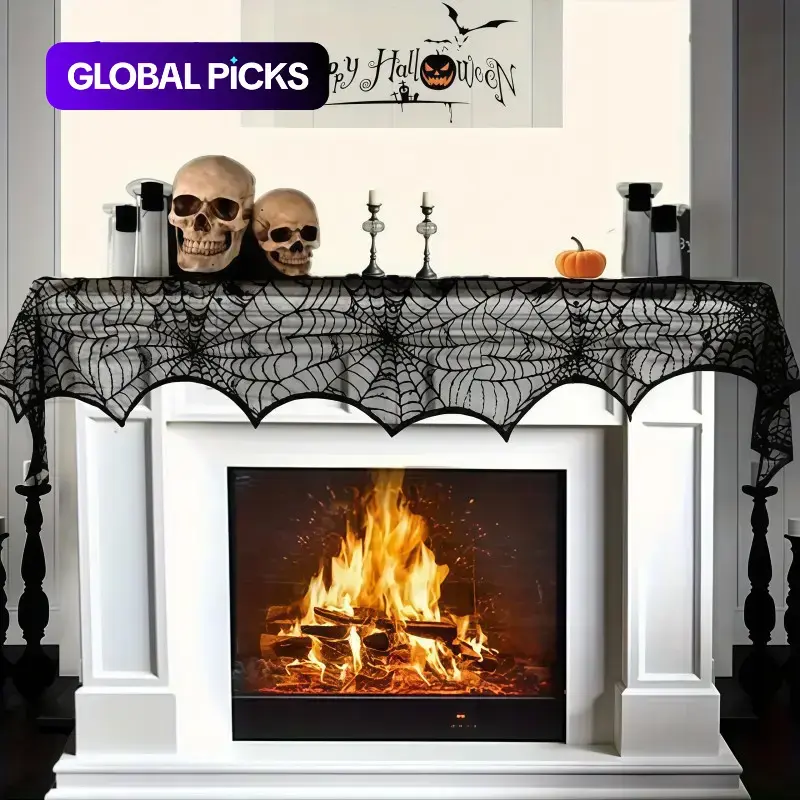 Halloween Spider Web Fireplace Tablecloth, Lace Spider Web Fireplace Scarf, Halloween Home Decor, Spooky Spider Design Party Decoration #GLOBAL PICKS