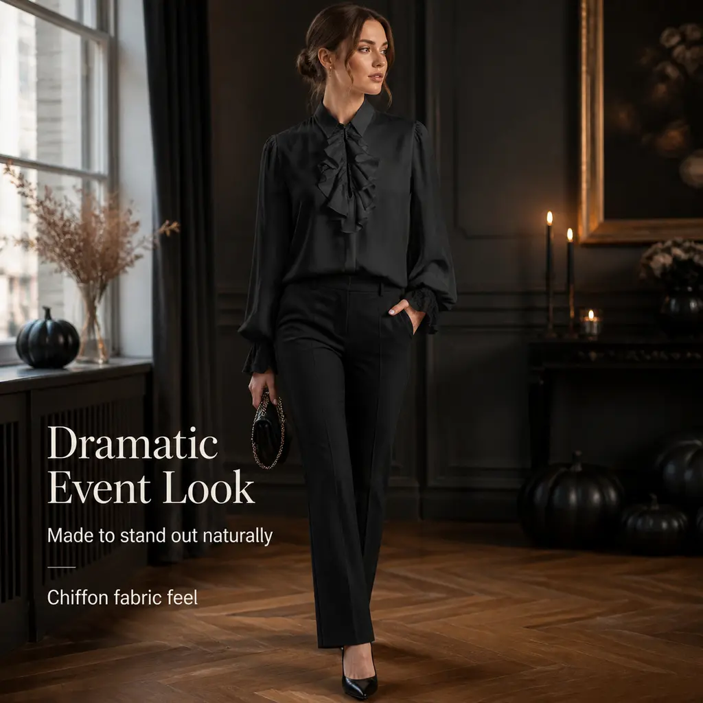 Women's Black Lightweight Chiffon Victorian Blouse - Collared Long Puff Sleeves, Lace Cuffs, Ruffled Front, Victorian Look, Gothic Edwardian Top, Gentle Hand Wash for Office, Halloween
