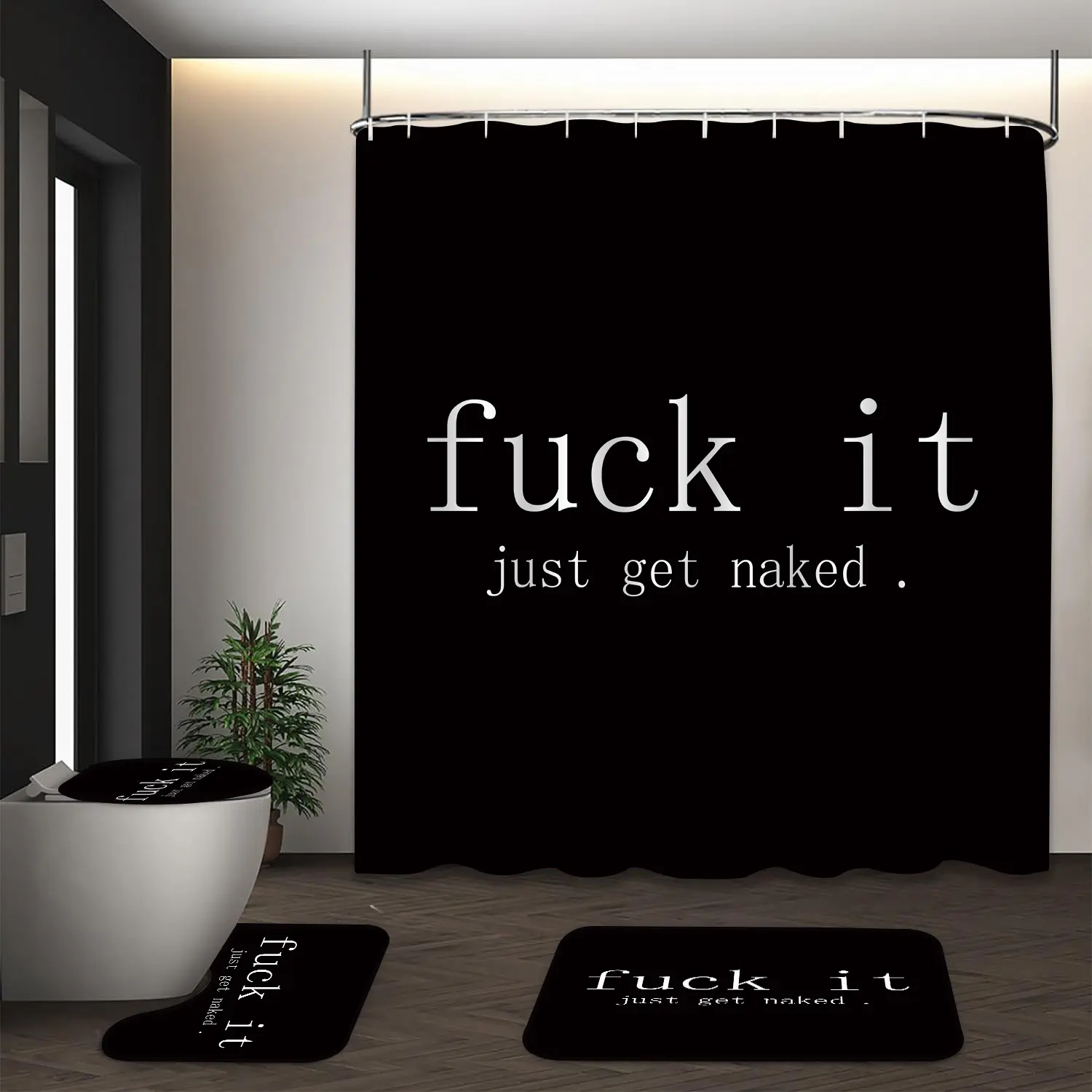 Black Minimalist Shower Curtain Set with "Fuck It Just Get Naked" Typography – Soft Thick Fabric Featuring Bold White Lettering, Extra Plush Bath Mats for Comfort, Perfect for Halloween or New Year’s Eve Bathroom Decor, Funny Shower Curtain