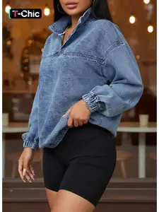Women's Fall Winter Casual Loose-Fit Long Sleeve Denim Jacket, Womenswear Stand Collar Pullover Coat, Fashionable Plain Color Outerwear for Daily Wear