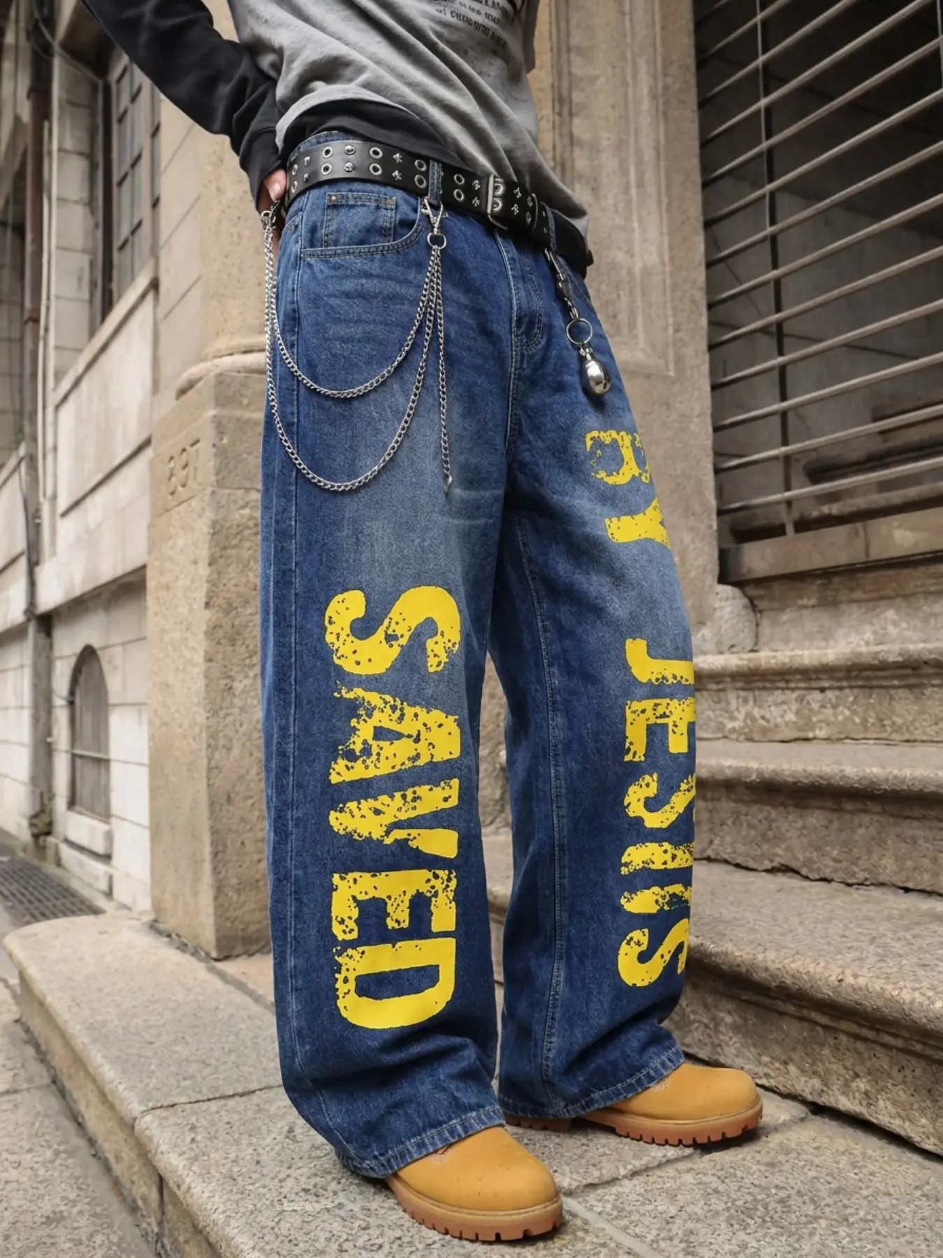 Men's Colorblock Vintage Worn Letter Straight Leg Jeans, Cotton Four-Season Streetwear, Loose Fit Dad Jeans, Back-To-School Teacher's Day