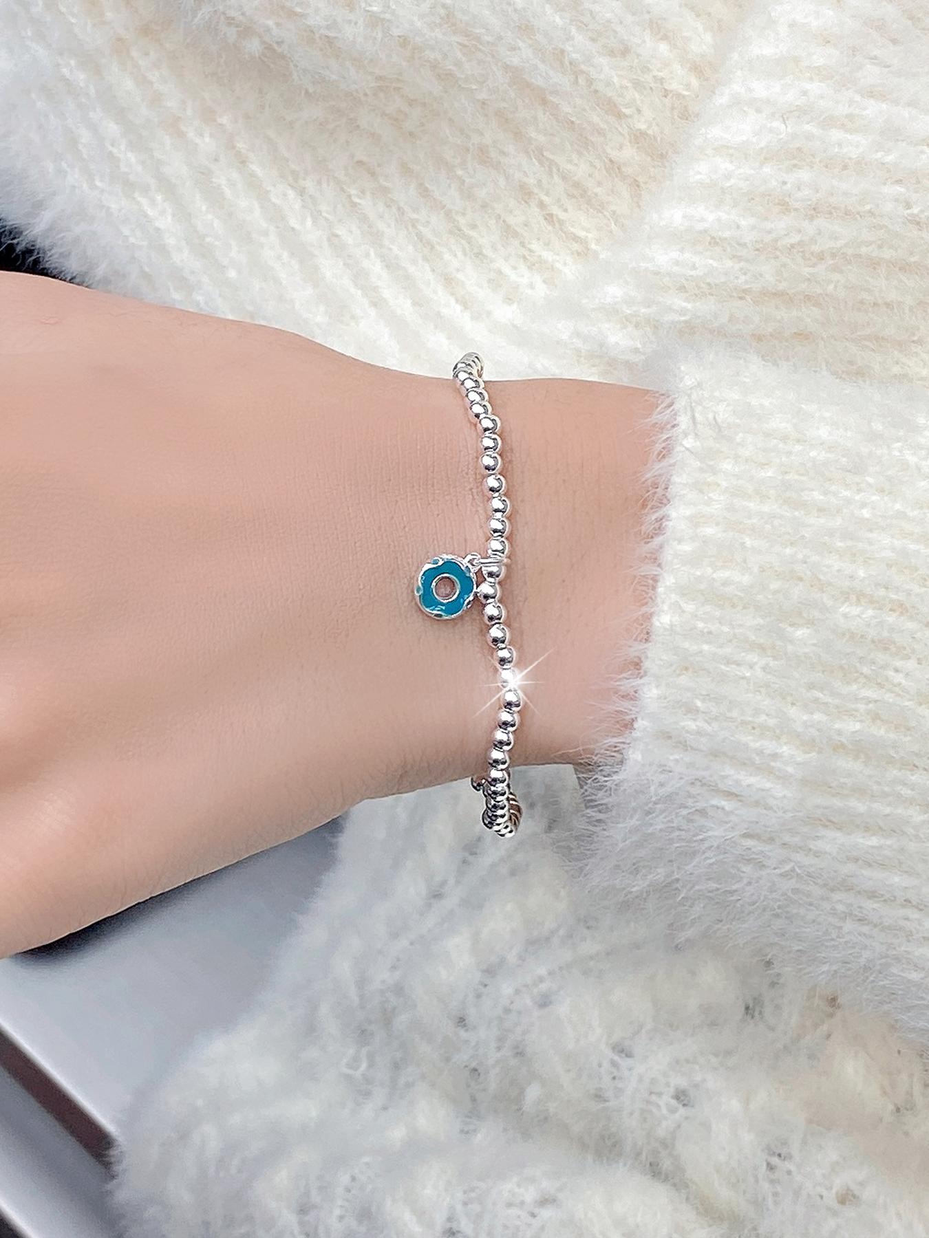 S925 Sterling Silver Cute Donut Design Beaded Bracelet with Pendant, Fashionable Jewelry for Women & Girls, Trendy All-match & Exquisite Jewelry for Birthday Gift