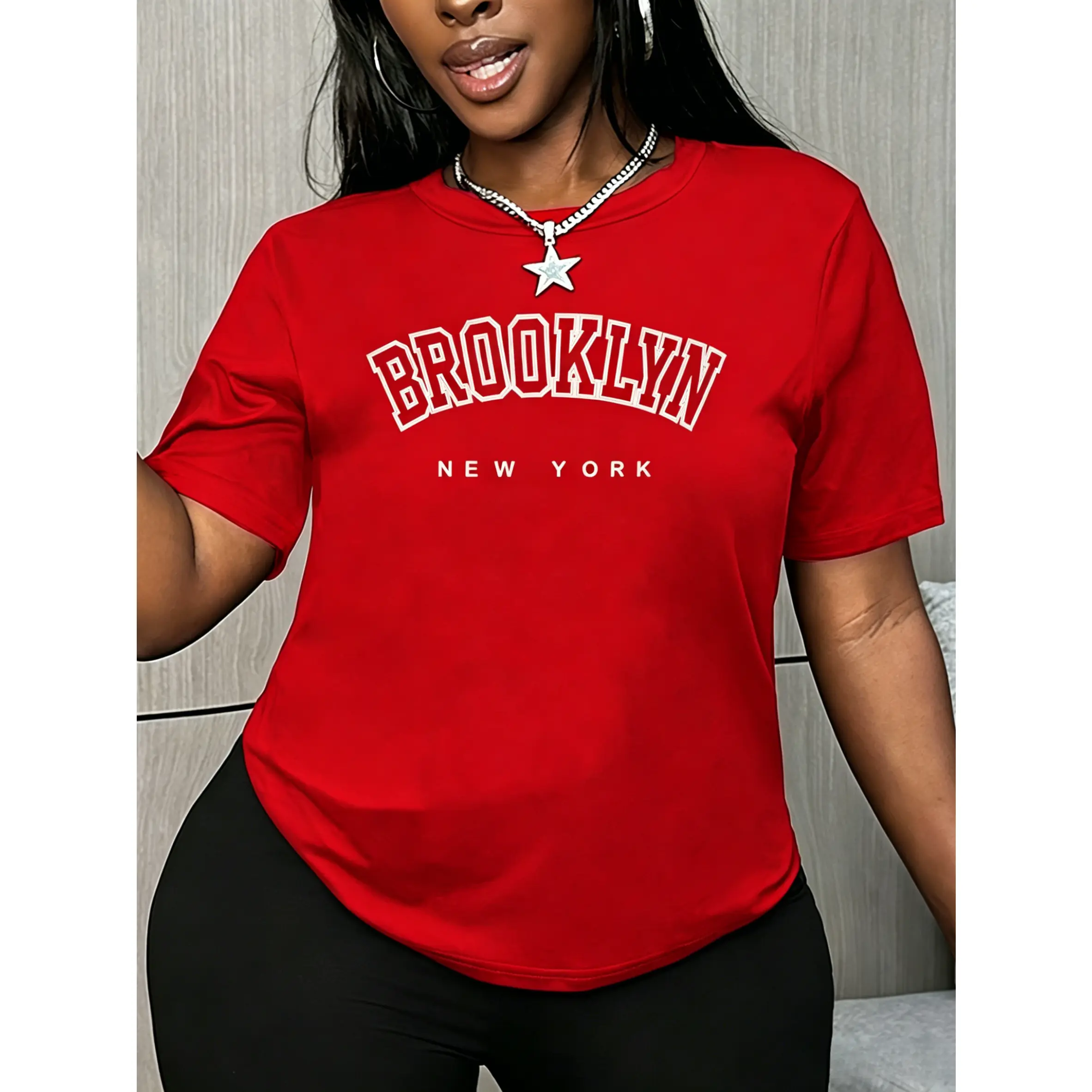 100% cotton summer new style Brooklyn New York college style letter print women's round neck T-shirt, suitable for spring, summer, and autumn, elegant retro style, loose fit, versatile, casual, sporty, soft and comfortable, round neck