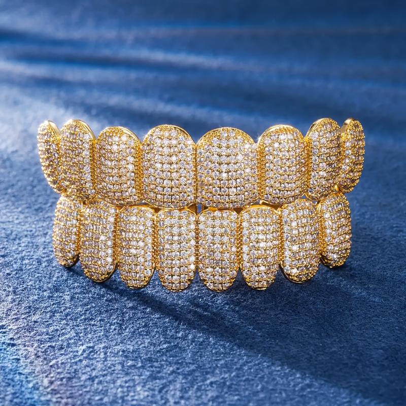 Iced Out Cubic Zirconia Grillz for Men & Women - Gold Silver Micro Pave Top Bottom Teeth Jewelry, Unisex Glitter Gift Oral
