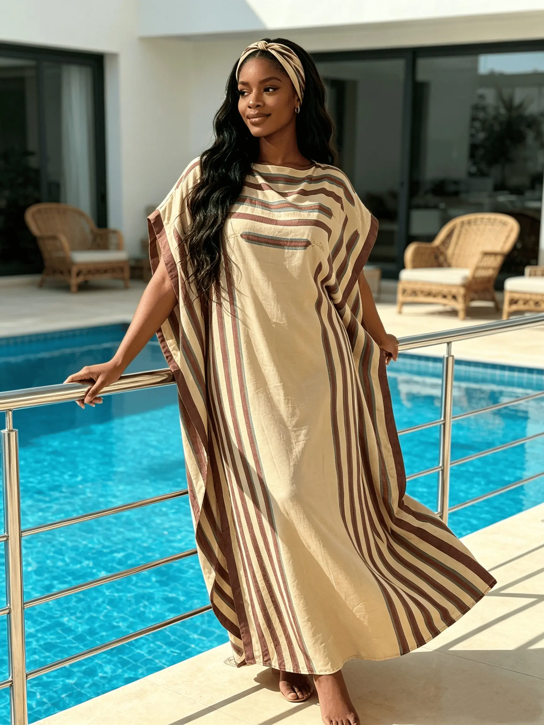 Beige Brown Vertical Stripe Hot Drill Rhinestone Trim Kaftan Two Piece Set With Matching Head Scarf, Oversized Loose Split Hem Maxi Caftan Robe, Soft Breathable Glam Beach Cover Up Women Resort Vacation Loungewear Nightgown, Beach Kaftans