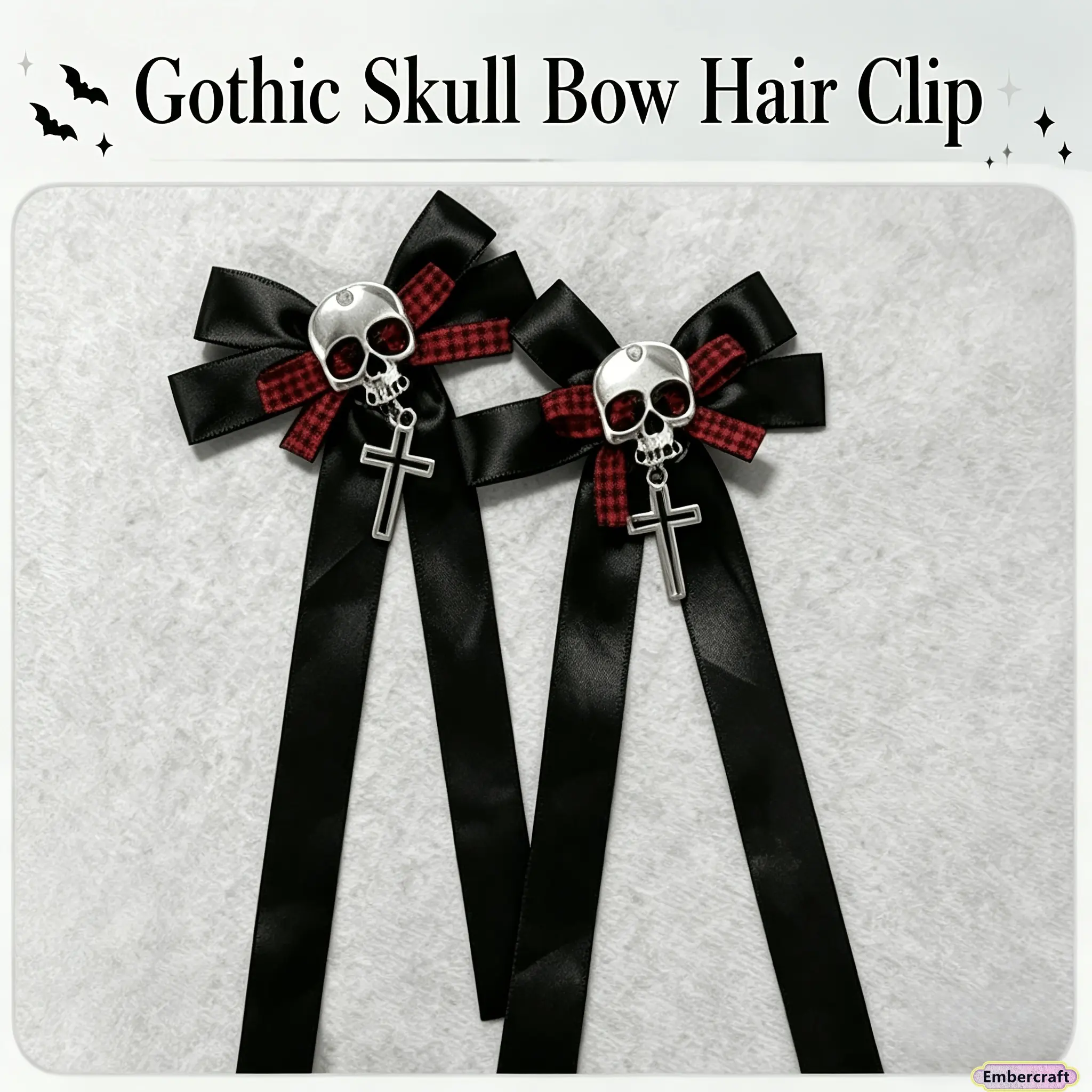 Viral Gothic Skull Hair Accessories Set, Black Ribbon Headband with Cross Pendant, Y2K Punk Lolita Hair Clips, Red Plaid Cosplay Headpiece for Women, Halloween Costume, Anime Convention, Festival Party, Aesthetic Gift Idea