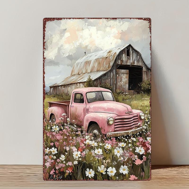 【20*30cm/8*12inch】2D Flat, 1pc Vintage Farmhouse Metal Wall Art - Retro Pink Truck & Barn Sign, Rustic Iron Farm Decor Suitable for Kitchen, Bar, Cafe, Garage - Mounting 2D Flat Wall Hanging Decoration, 2D Flat