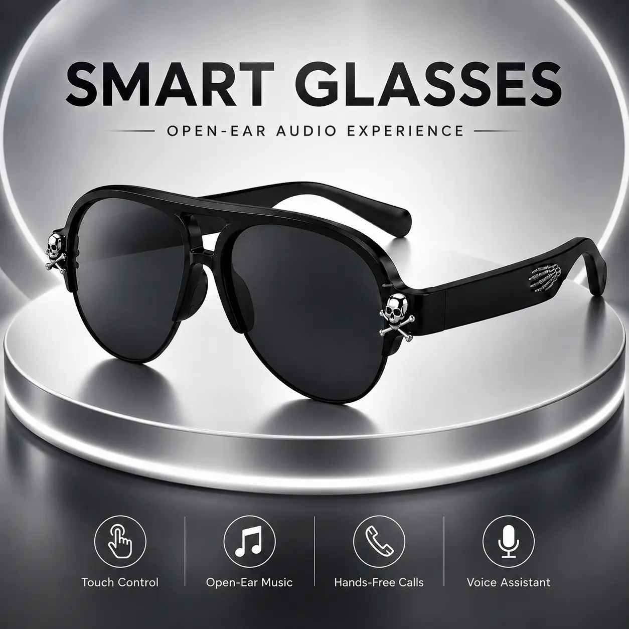 Gothic Punk Smart Glasses for Men Women, Skull Audio Sunglasses with Open-Ear Speakers, Touch Control, Hands-Free Calls and UV Protection