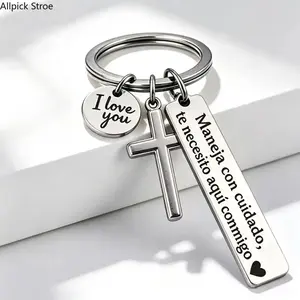 Maneja Con Cuidado Te Necesito Aquí Conmigo Keychain with Cross & "I Love You" Charm, Spanish Drive Safe Stainless Steel Keyring, Romantic Religious Gift for Him/Her Adjustable Heart Rate Couples Bracelet Set Rotating Retractable Reading Badge Holder