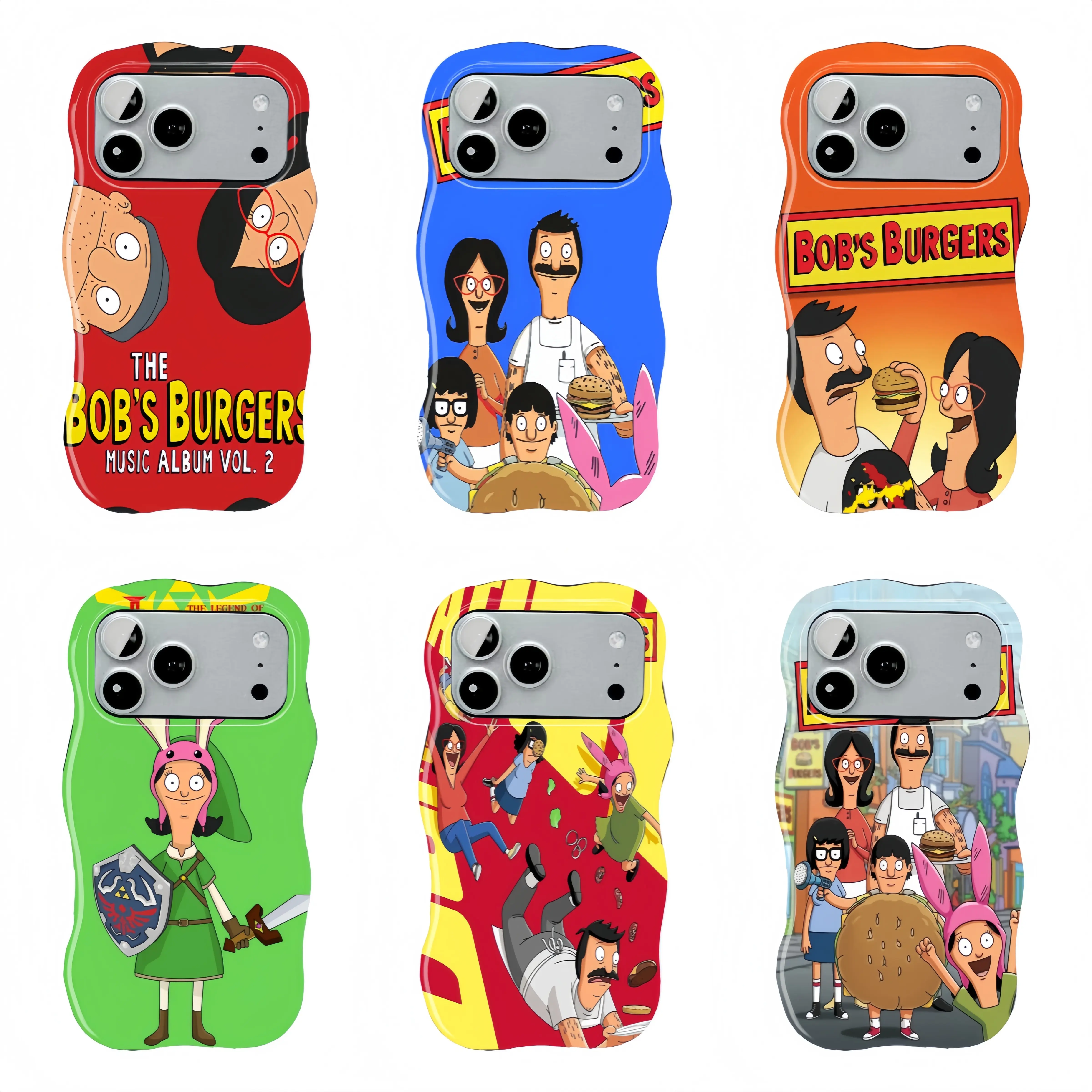 Bob's Burgers hard-shell phone case with wavy edges, featuring images of family members including Louise, Bunny Ears, Bob, Linda, Tina, and Gene. Durable and shockproof, suitable for iPhone 11–17 Pro Max/Plus series and Samsung Galaxy S23–S25 series.
