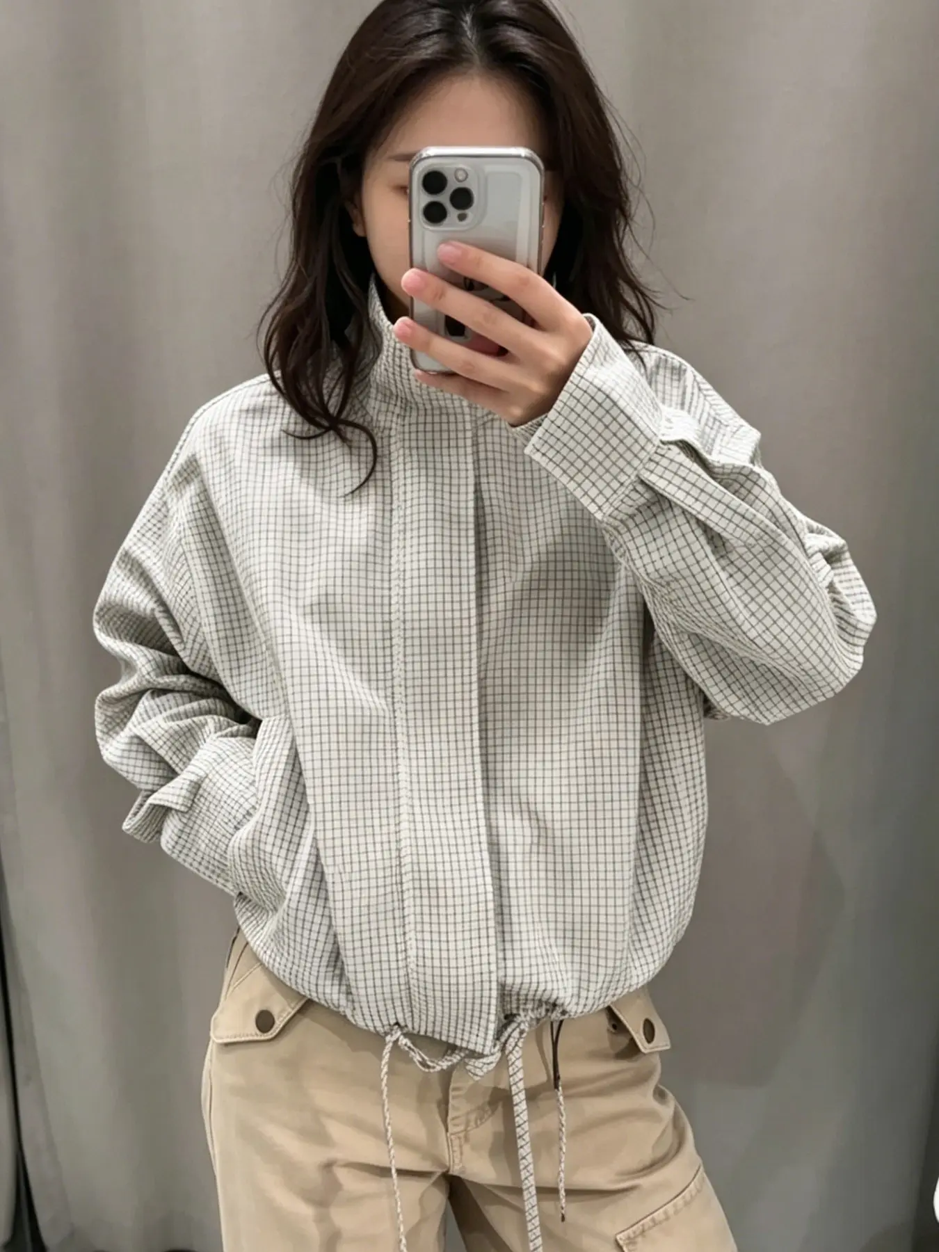 Cropped Plaid Jackets For Woman Demi-Season Long Sleeve Top Bomber Jacket Women Streetwear Oversize Loose Fit Windbreak Outerwear Drawstring Hem Casual Lightweight Check Short Coat