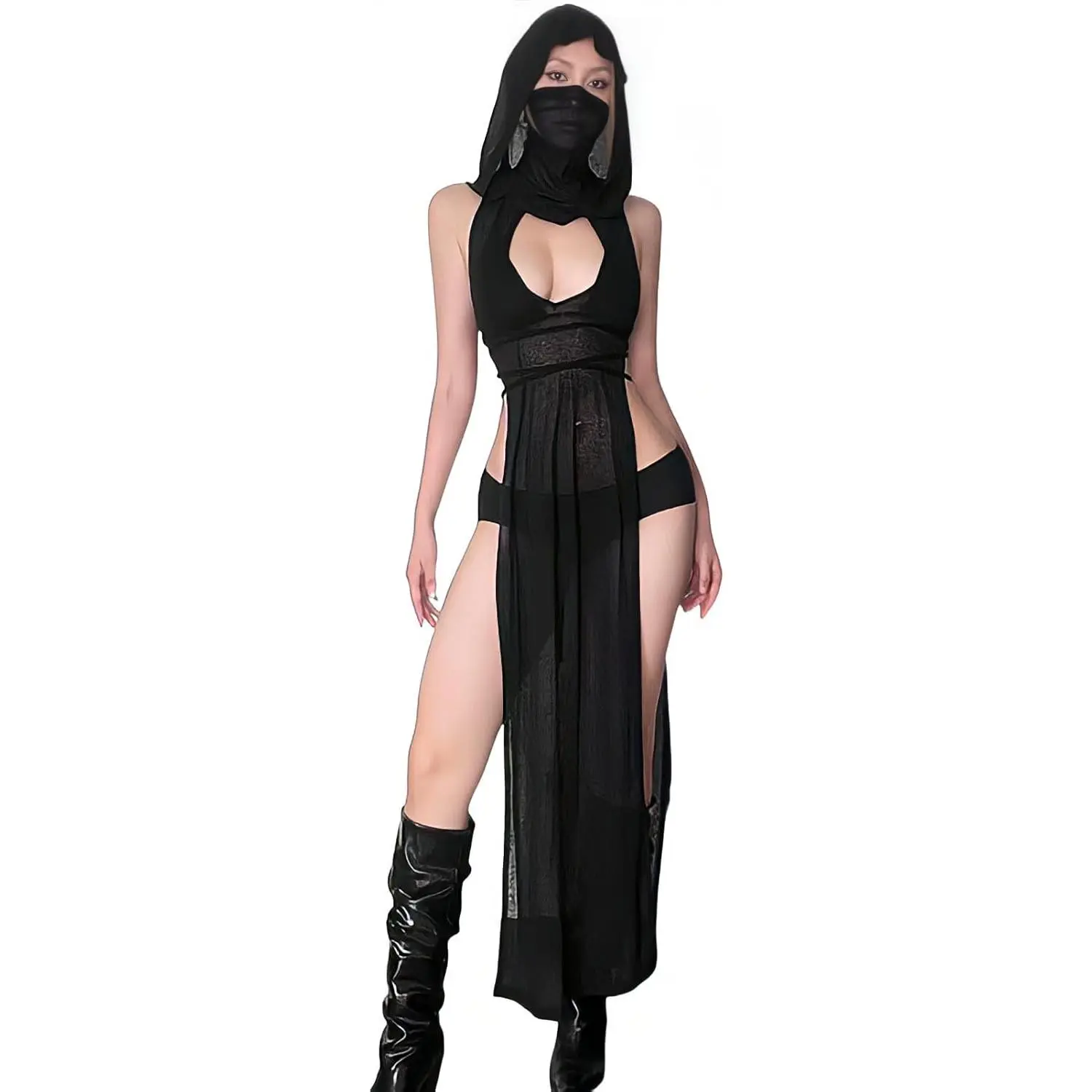 Rave Outfits for Women Streetwear High Split Hooded Dress Succubus Sexy Rave Swimsuit Cover Ups