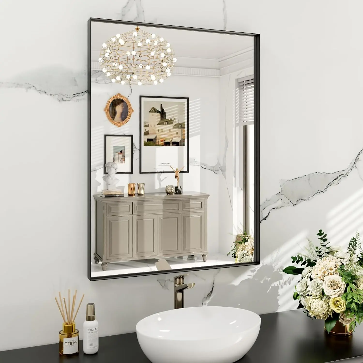 Black Bathroom Vanity Mirror 24x32 Inch Rectangle Matte Black Mirror with Square Corner Tempered Glass Wall Mounted Vertical/Horizontal for Bathroom Bedroom Living Room Entryway