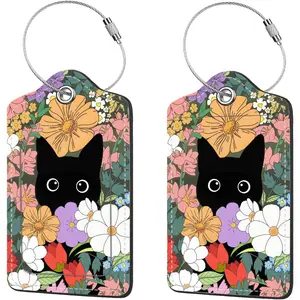 2 Pcs Luggage Tags for Suitcases, PU Leather Cruise Ship Luggage Tags with Privacy Cover Label Address Card and Durable Metal Ring Suitable for Men Women Handbags Backpacks,Flower Bushes and Cats.