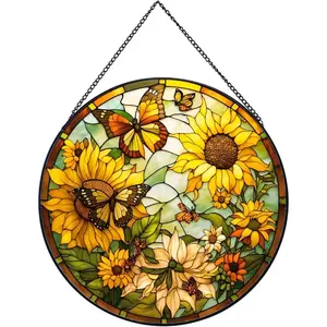 Sunflower Hanging Stained Glass for Windows,16cm/6.3inch Hand-Painted Sun Catcher Garden Hangings Christmas Mother's Day, Valentine's Day Ornaments Festival Gift