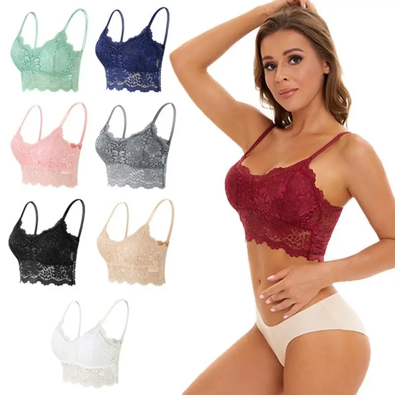 Padded Lace Bralettes for Women V Neck Racerback Floral Camisole Crop Top
