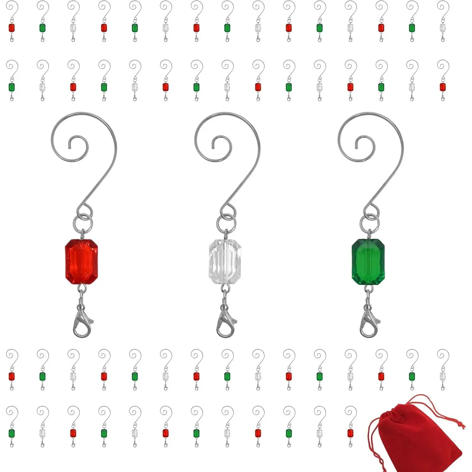 Christmas Ornament Hooks - 40 Each of Red, Green and Clear Beaded Hangers - Decorative Silver Wire S-Hook with Sparkling Gems - Holiday Seasonal Décor Accessories - 120 Hooks - 3" L