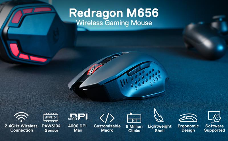Redragon M656 Gainer Wireless Gaming Mouse, 4000 DPI 2.4Ghz Gamer Mouse w/ 5 DPI Levels, 7 Macro Buttons, Red LED Backlit & Pro Software/Drive Supported, for PC/Mac/Laptop Redragon M656 Gainer Wireless Gaming Mouse, 4000 DPI 2.4Ghz Gamer Mouse w/ 5 DPI Levels, 7 Macro Buttons, Red LED Backlit & Pro Software/Drive Supported, for PC/Mac/Laptop