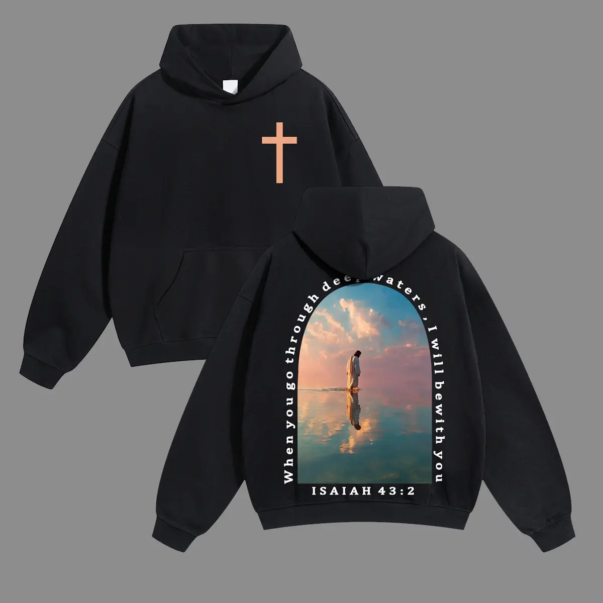 Unisex When you go through deep waters, cross reflected in the water, Christian, Jesus Graphic hoodie Personalized Pattern Y2k Clothing Round Neck hoodie,Women's Clothing 100% Cotton, Menswear, Top, Vintage Style,Summer Casual Oversized